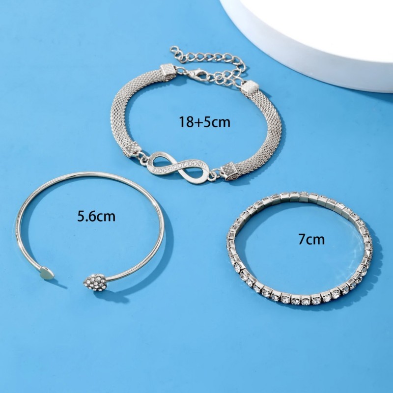 European and American Niche Infinite Figure-8 Bracelet Versatile Heart Open Bangle with Diamond Inlay Infinity Symbol Alloy 3-Piece Set for Women