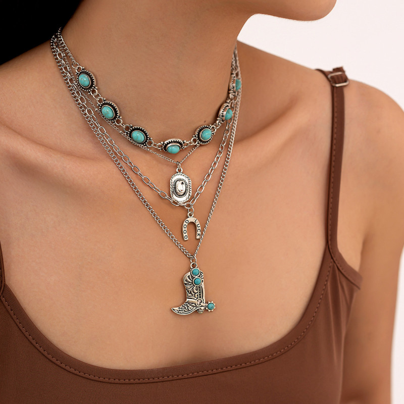 European and American Cross-Border Jewelry Punk Ethnic Style Boots Alloy Collarbone Chain Bohemian Turquoise Beaded Chain Necklace
