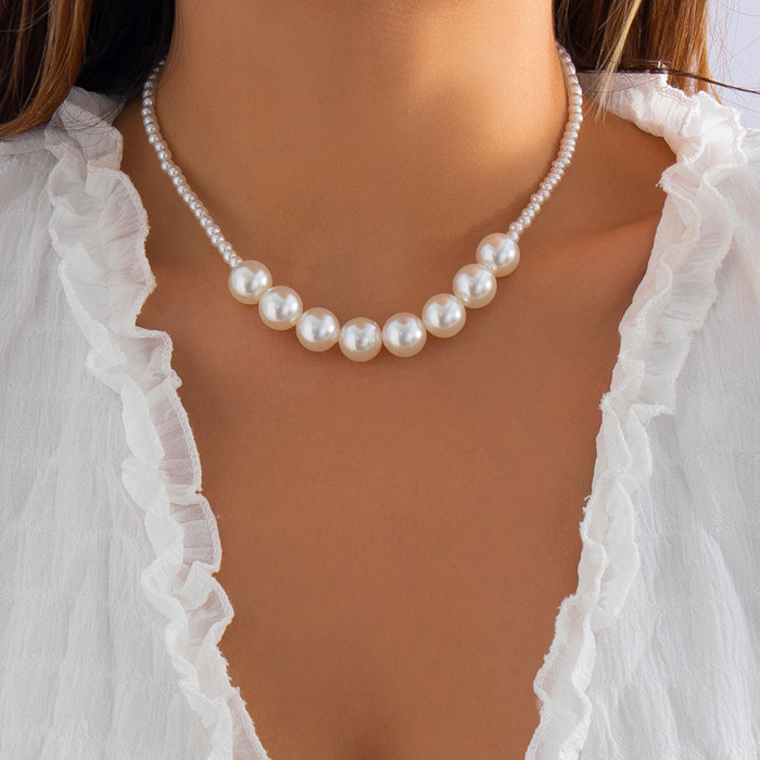 Jewelry Retro Imitation Pearl Splicing Simple Necklace for Women Creative Temperament Round Bead Chain Layered Necklace