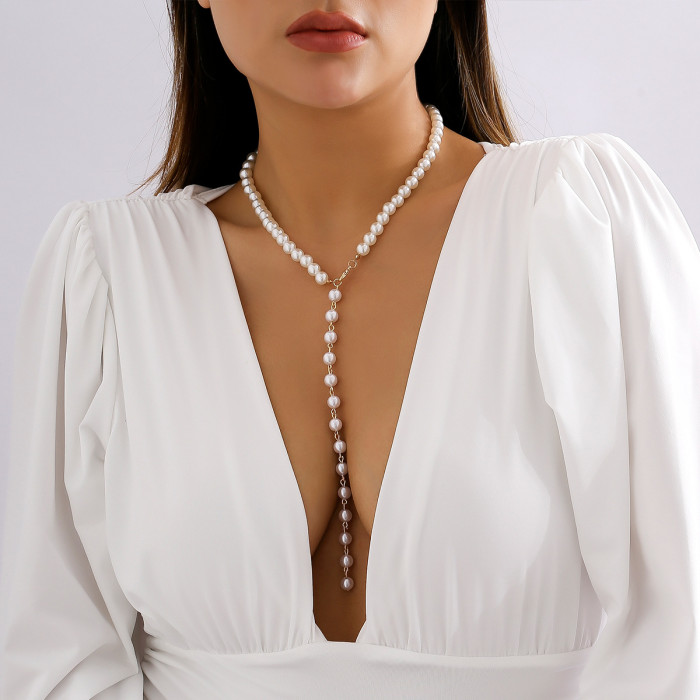 European and American Cross-Border Jewelry Retro Round Bead Chain Necklace Simple Imitation Pearl Tassel Long Niche Necklace