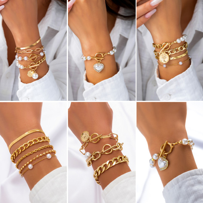 European and American Cross-Border Jewelry Retro Imitation Pearl Chain Beaded Bracelet Simple Alloy Heart Rhinestone Versatile Bangle