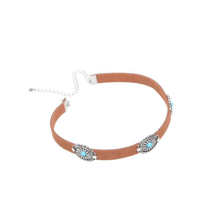 European and American Fashion Accessories Bohemian Style Retro Simple Metal Flower Plate Turquoise Necklace Choker C1711