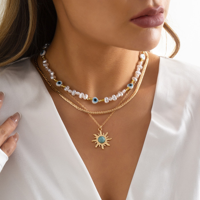 European and American Cross-Border Jewelry Retro Color-Block Personality Eye Pearl Necklace Ethnic Style Sun Turquoise Pendant Necklace