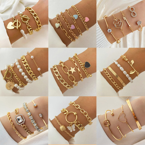 New Product Layered Personality Street Style Heart Bracelet Set Exaggerated Thread Chain Alloy Bangle for Women, Jewe...