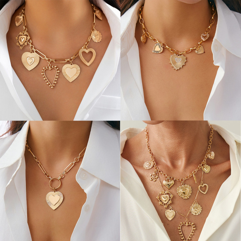 European and American Cross-Border Jewelry Minimalist Heart Pendant Clavicle Chain Personality Metallic Striped Iron Chain Necklace Set