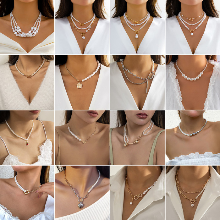 Jewelry Retro Imitation Pearl Splicing Simple Necklace for Women Creative Temperament Round Bead Chain Layered Necklace