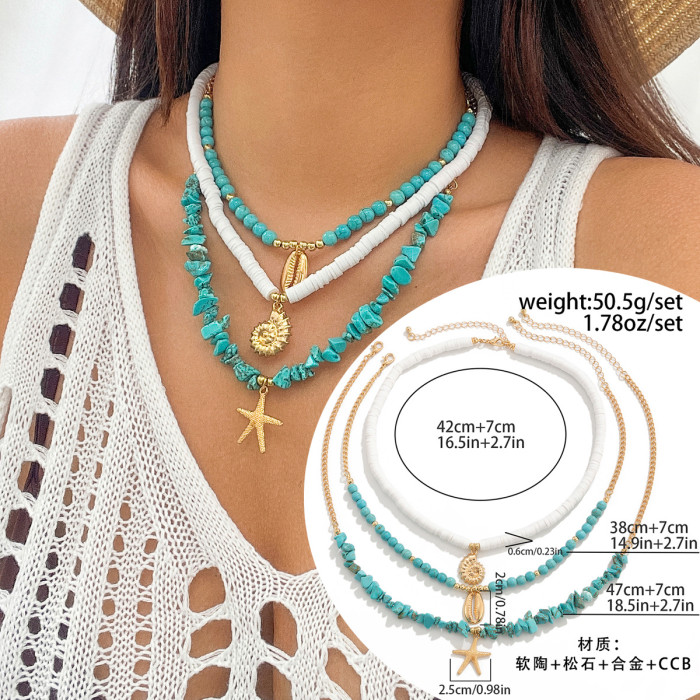 European and American Cross-Border Ocean Style Shell Turquoise Multi-Layer Necklace Beach Starfish Beaded Necklace Jewelry for Women