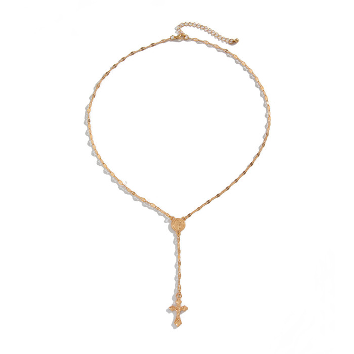 European and American Cross-Border Jewelry Fashionable Cross Alloy Pendant Necklace Versatile Inlaid Gemstone Beaded Choker Necklace