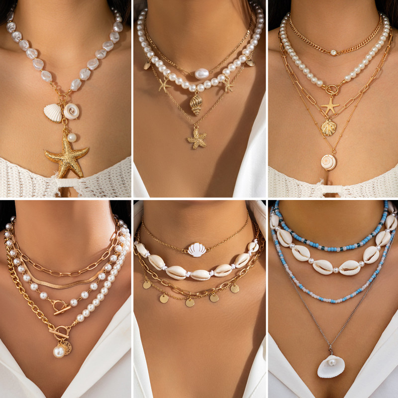 European and American Cross-Border Jewelry Beaded Necklace Beach Imitation Pearl Necklace Starfish Shell Retro Vacation Necklace