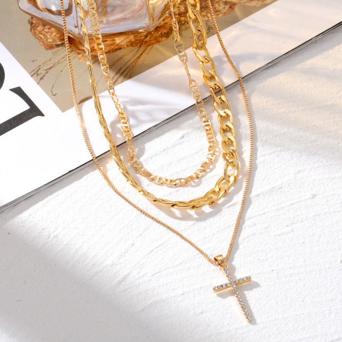 European and American Cross-Border Jewelry Mixed Cross Chain Necklace Personalized Full Diamond Cross Heart Pendant Multi-Layer Necklace