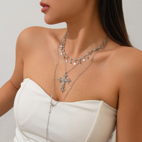 European and American Cross-Border Jewelry Baroque Style Layered Cross Necklace Vintage Five-Pointed Star Alloy Pendant Collarbone Chain