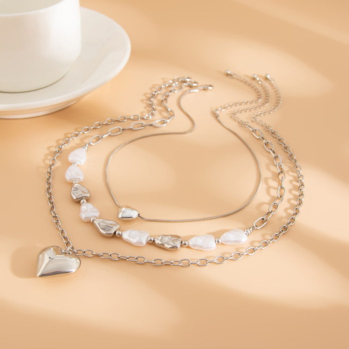 Jewelry Baroque Heart Tassel Pendant Collarbone Chain Irregular Flat Pearl Necklace Set