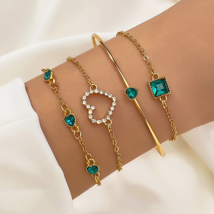 Cross-Border New Arrival European and American Bracelets Ins Vintage Lvzuan Square Bracelet Diamond Butterfly Heart Bracelet 4-Piece Set