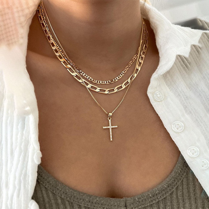 European and American Cross-Border Jewelry Mixed Cross Chain Necklace Personalized Full Diamond Cross Heart Pendant Multi-Layer Necklace