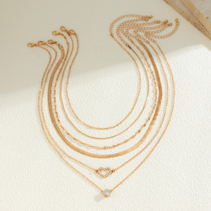 Snake Bone Chain Color-Block INS Necklace Women's Versatile Multi-Layer Heart-Shaped Necklace with Stone-Inlaid