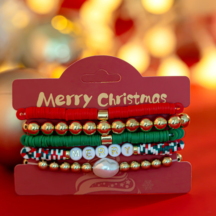 European and American Cross-Border Jewelry Christmas Letter Soft Clay Bracelet Set Irregular Beaded Bracelet Colorful