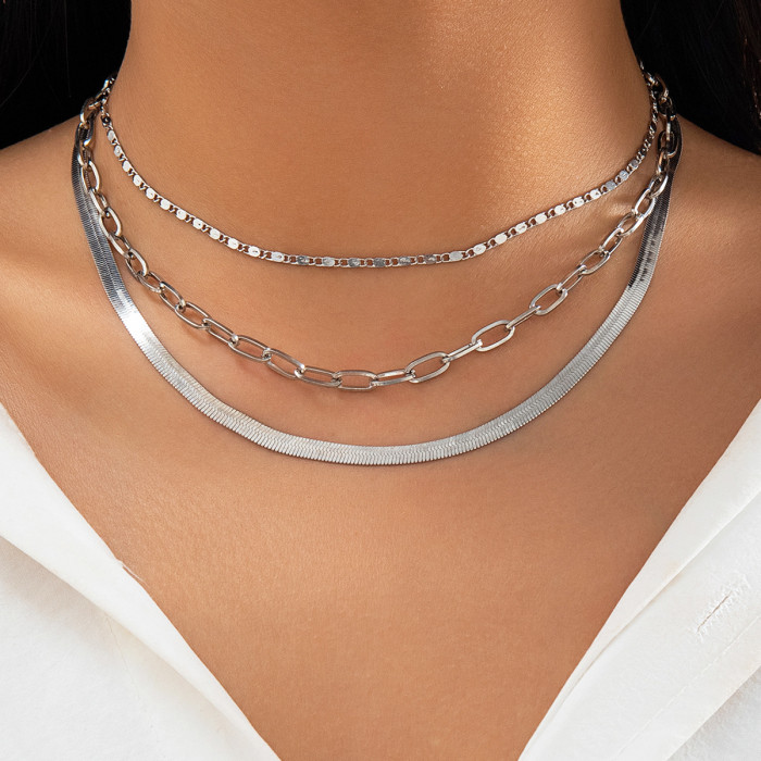Snake Bone Chain Color-Block INS Necklace Women's Versatile Multi-Layer Heart-Shaped Necklace with Stone-Inlaid
