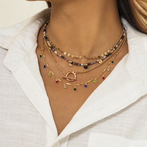 European and American Cross-Border Jewelry Retro Colorful Rhinestone Tassel Versatile Necklace Layered Niche Crystal Bead Sequin Necklace