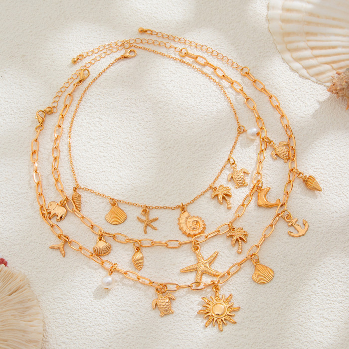 Jewelry Personality Bowknot Imitation Pearl Necklace Layered Beach Alloy Pendant Necklace
