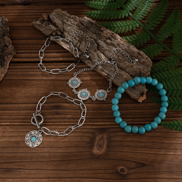 Jewelry 4-Piece Set Turquoise Cowboy Hat Cross Chain Bracelet Set Personality Multi-Element Bracelet, Jewelry Sets