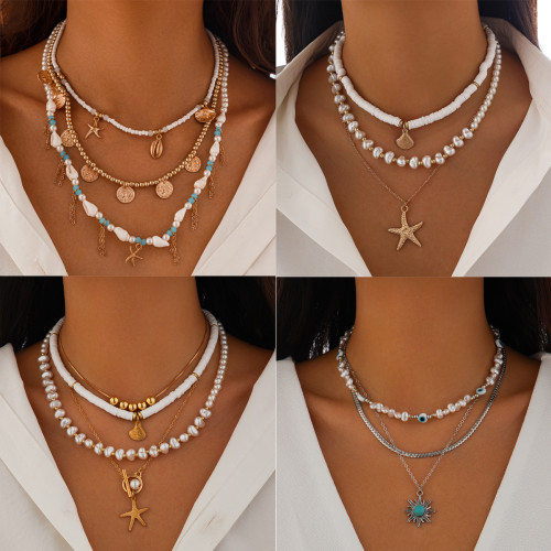 European and American Cross-Border Jewelry INS Starfish Imitation Pearl Necklace Set Niche Alloy Irregular Multi-Layer Collarbone Chain