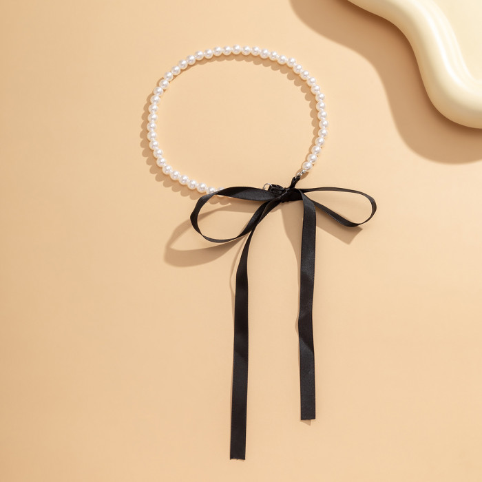 Jewelry Retro Long Bow Collarbone Chain Necklace DIY Tie Velvet Pearl Necklace for Women