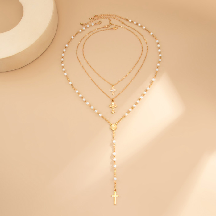 European and American Cross-Border Jewelry Hot Girl Cross Metal Pendant Necklace Elegant Pearl Beaded Y-Shaped Collarbone Chain Multi-Layer