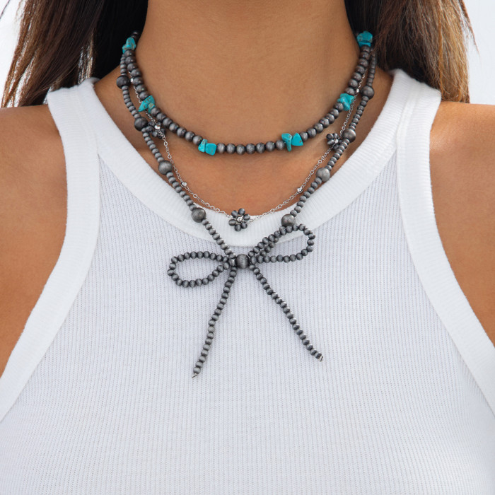 Jewelry Bohemian Bowknot Beaded Necklace Turquoise Western Cowboy Collarbone Chain Set