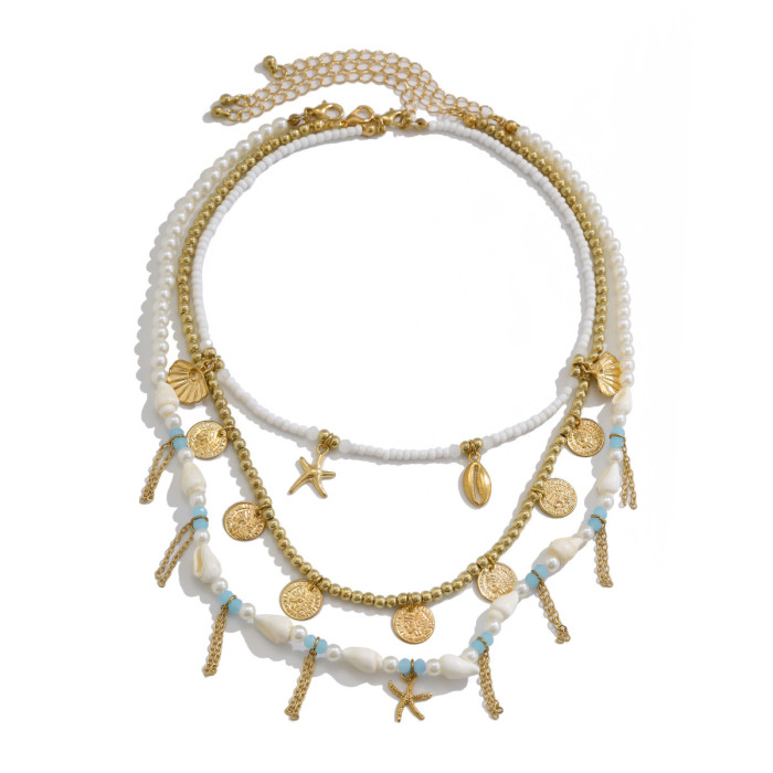 European and American Cross-Border Jewelry INS Starfish Imitation Pearl Necklace Set Niche Alloy Irregular Multi-Layer Collarbone Chain