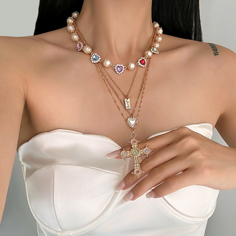 European and American Cross-Border Jewelry Sweet Cool Style Cross Alloy Pendant Collarbone Chain Inlaid Diamond Pearl Beaded Tassel Necklace