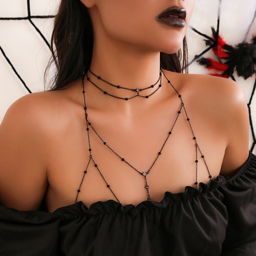 European and American Sexy Exaggerated Beach Casual Body Jewelry Chain Necklace Flashing Diamond Pendant Tassel Necklace Chest Chain D0254