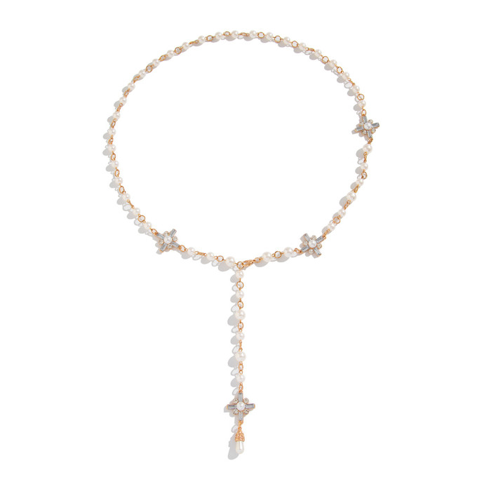 Jewelry Minimalist Style Cross Pearl Necklace Set Personality Versatile Tassel Alloy Collarbone Chain