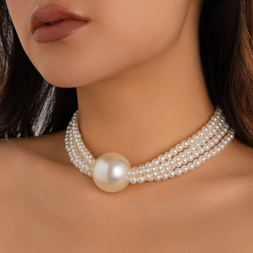 European and American Cross-Border Jewelry Exaggerated Round Bead Pendant Collarbone Necklace for Women Hip-Hop Trendy Metal Multi-Layer Pearl Necklace