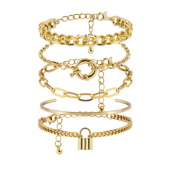 European and American Cross-Border Jewelry Punk Hip-Hop Style Lock Buckle Bracelet for Women Mixed Multi-Element Geometric Round Buckle Set Bracelet