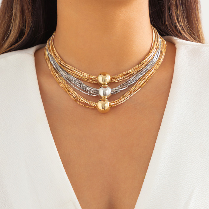 Exaggerated Punk Multi-Layer Chain Stacked Necklace Simple Niche Geometric Ball Personality Choker Necklace