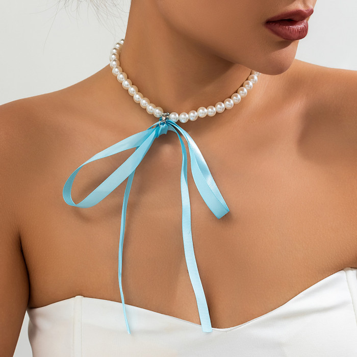 Jewelry Retro Long Bow Collarbone Chain Necklace DIY Tie Velvet Pearl Necklace for Women