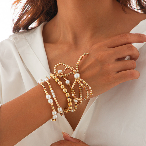 European and American Cross-Border Jewelry Personality Bowknot Beaded Multi-Layer Bracelet 5-Piece Set Internet Celebrity Style Imitation Pearl Bracelet for Women