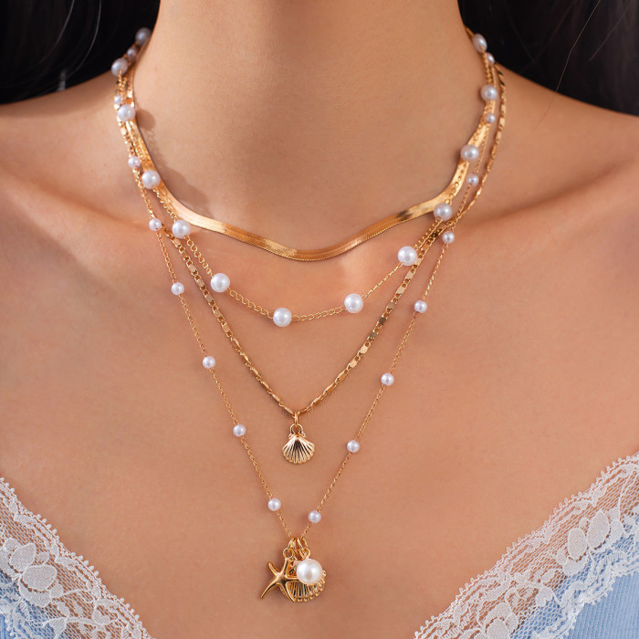 Jewelry Ocean Style Metal Starfish Shell Necklace Set Design Pearl Chain Clavicle Chain
