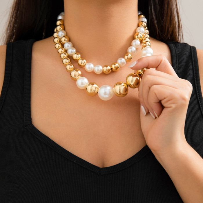 Europe and America Cross Border Ornament Exaggerated Big Beads Fashion Short Necklace Choker Punk Temperament Imitati...