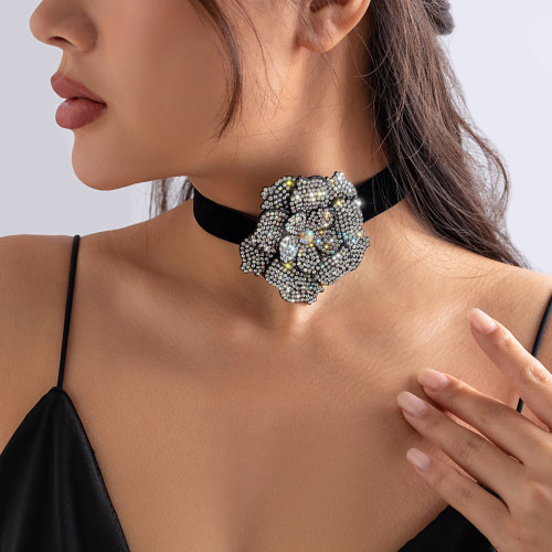 European and American Cross-Border Jewelry Niche Retro Choker Rose Floral Choker Tassel Satin Flower Necklace