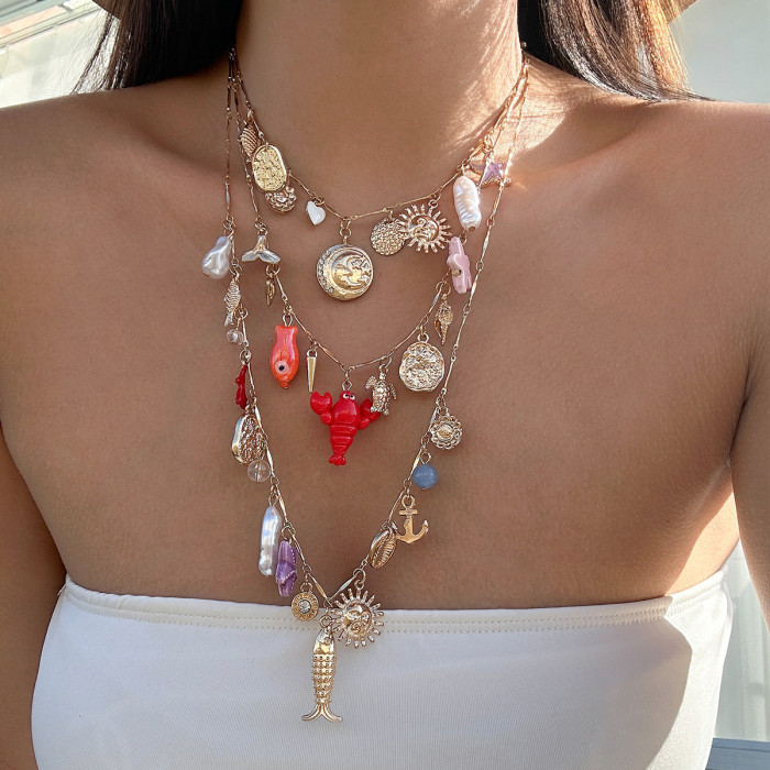 Jewelry Personality Bowknot Imitation Pearl Necklace Layered Beach Alloy Pendant Necklace