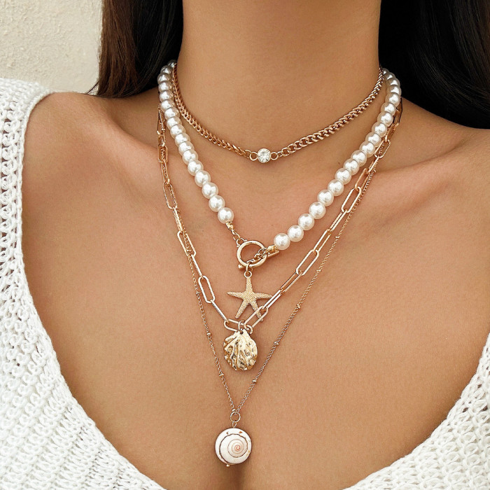 European and American Cross-Border Jewelry Beaded Necklace Beach Imitation Pearl Necklace Starfish Shell Retro Vacation Necklace