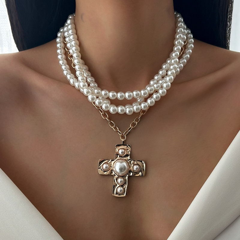 European and American Cross-Border Jewelry Minimalist Style Cross Alloy Pendant Collarbone Chain French Elegant Pearl Beaded Necklace