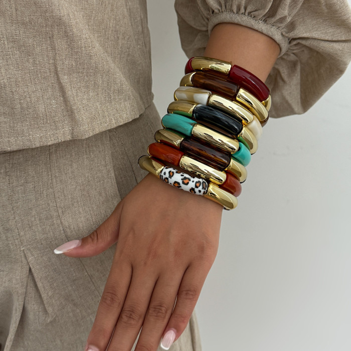 Fashion Leopard Print Resin Bamboo Knot Elastic Bracelet INS Creative Colorful Splicing Bent Tube Bangle