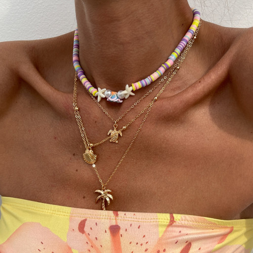 European and American Cross-Border Jewelry Bohemian Colorful Soft Clay Beaded Necklace Beach Scallop Fish Tail Alloy Collarbone Chain