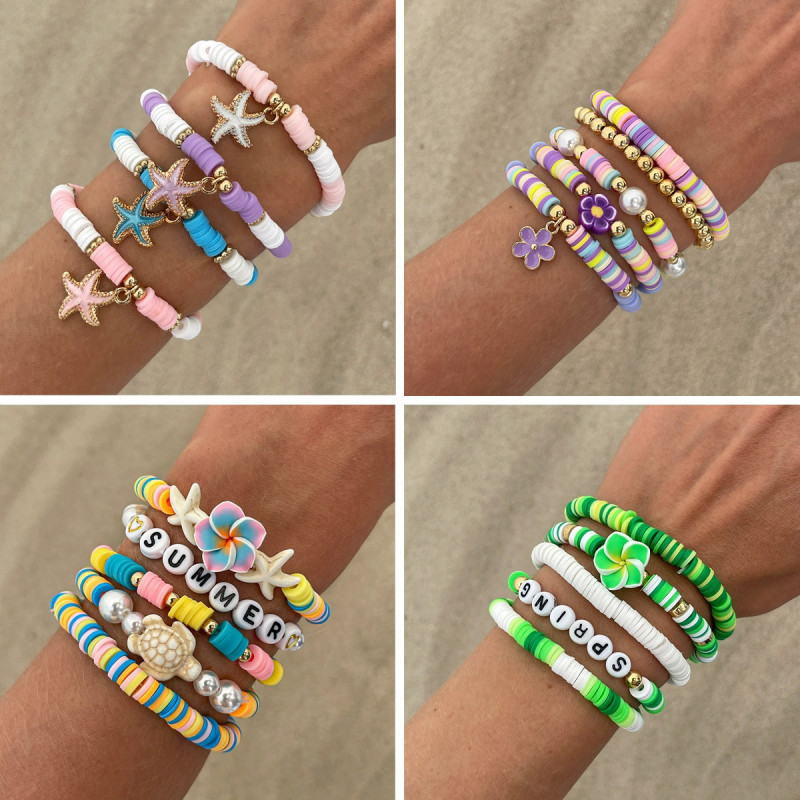 European and American Cross-Border Jewelry Beach Frangipani Letter Soft Clay Bracelet Vacation Style CCB Alloy Bracelet Set