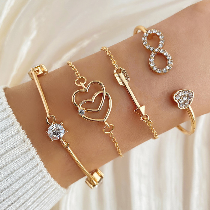European and American Cross-Border New Product Layered Personality Street Style Heart Bracelet Set Exaggerated Thread Chain Alloy Bangle for Women