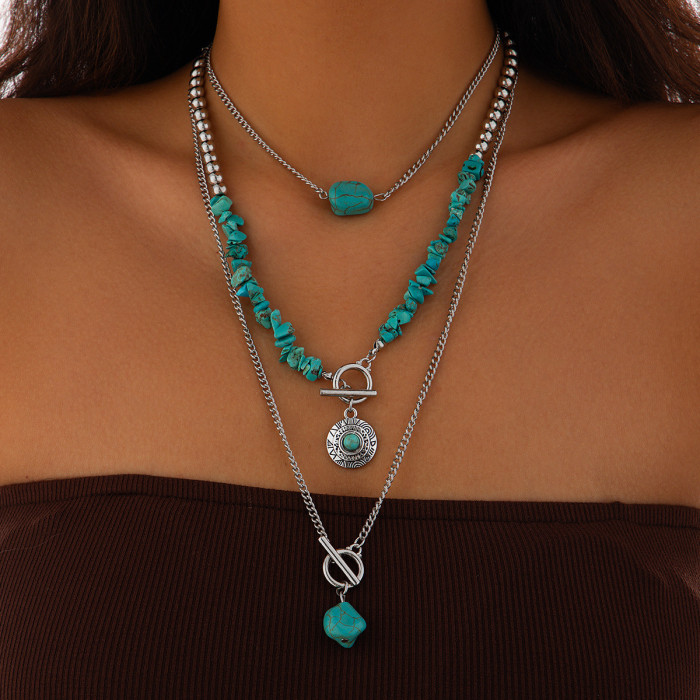 European and American Cross-Border Jewelry Retro Beaded Geometric Turquoise Choker Necklace Casual Multi-Layer Bohemian Necklace