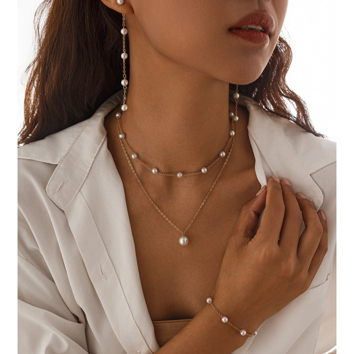 Jewelry Fashion Imitation Pearl Cross Chain Set Necklace High-End Alloy Iron Chain Collarbone Chain