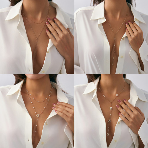 European and American Cross-Border Jewelry Simple Inlaid Crystal Y-Shaped Pendant Necklace Creative Imitation Pearl Small Flower Fine Chain Necklace